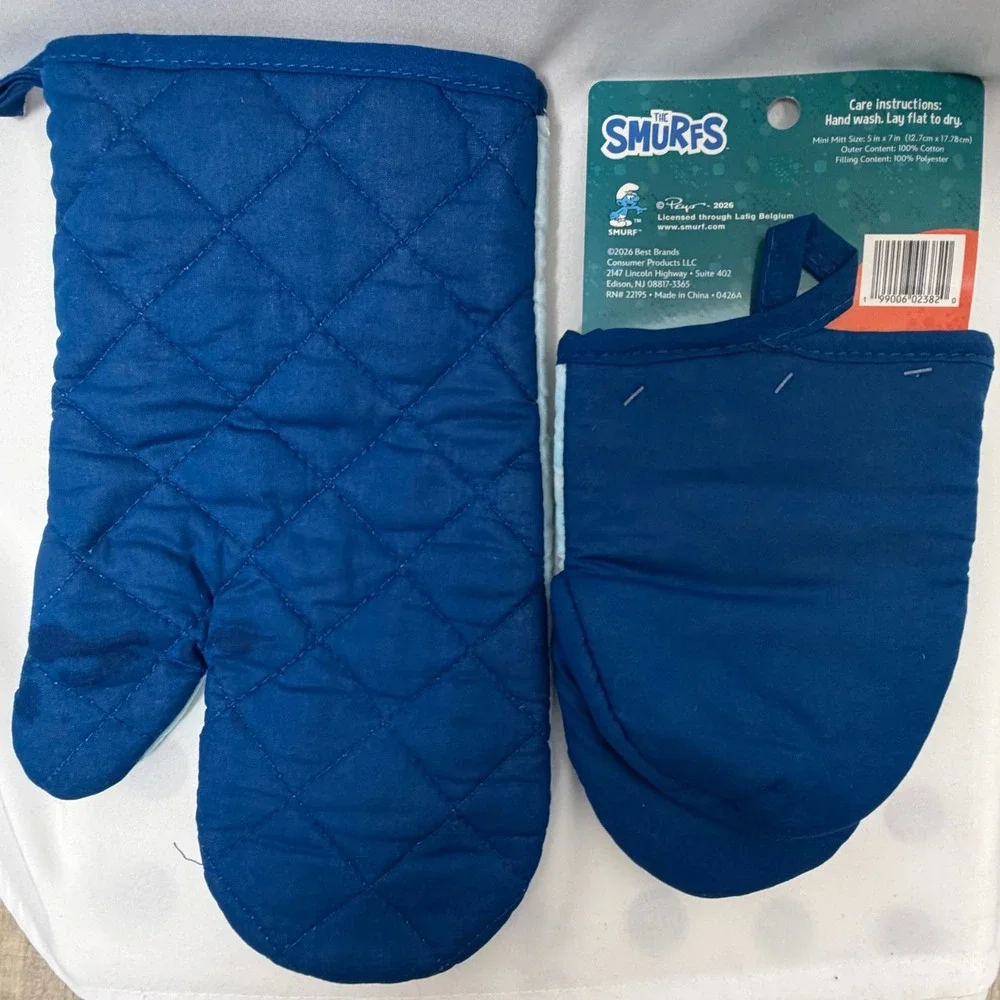 The Smurfs Oven Mitt and Mini Mitt Set Blue Cotton Kitchen Linens NWT